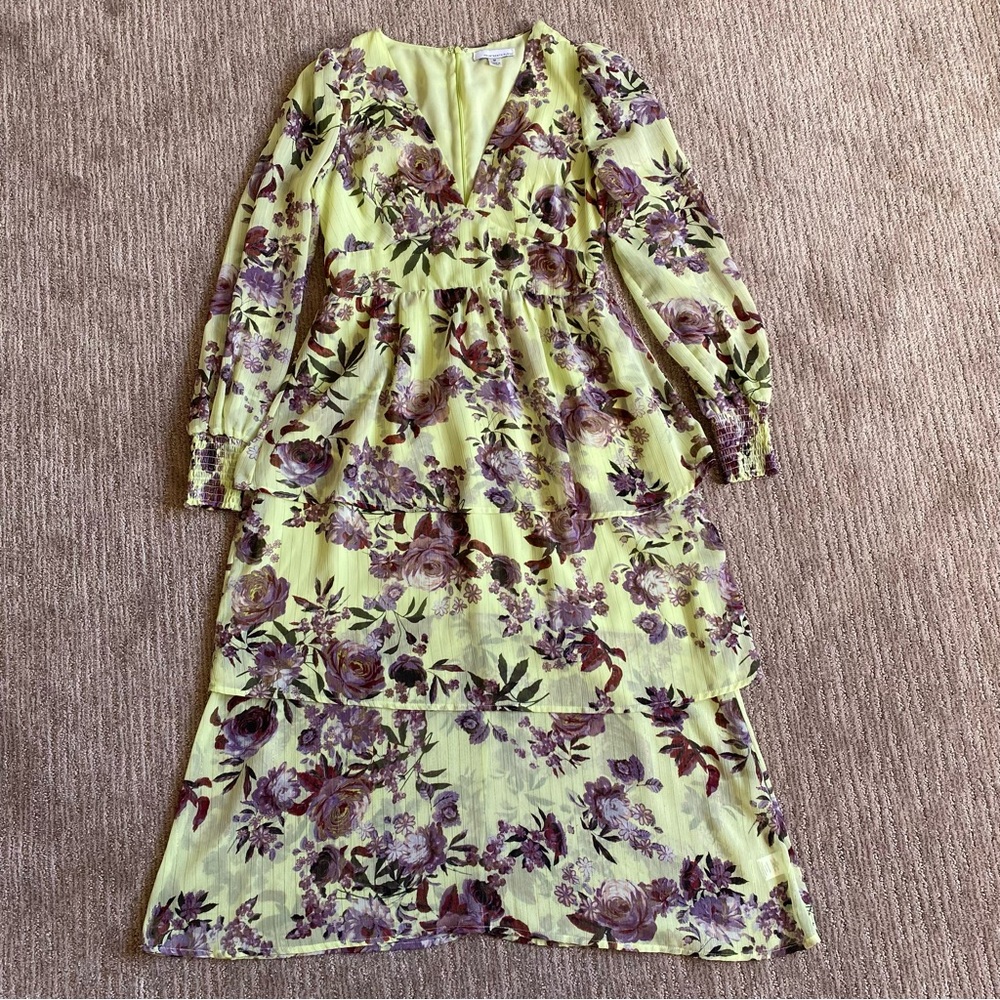 Fourteenth Place Floral Tiered Long Sleeve Maxi Dress Neon Green and Purple